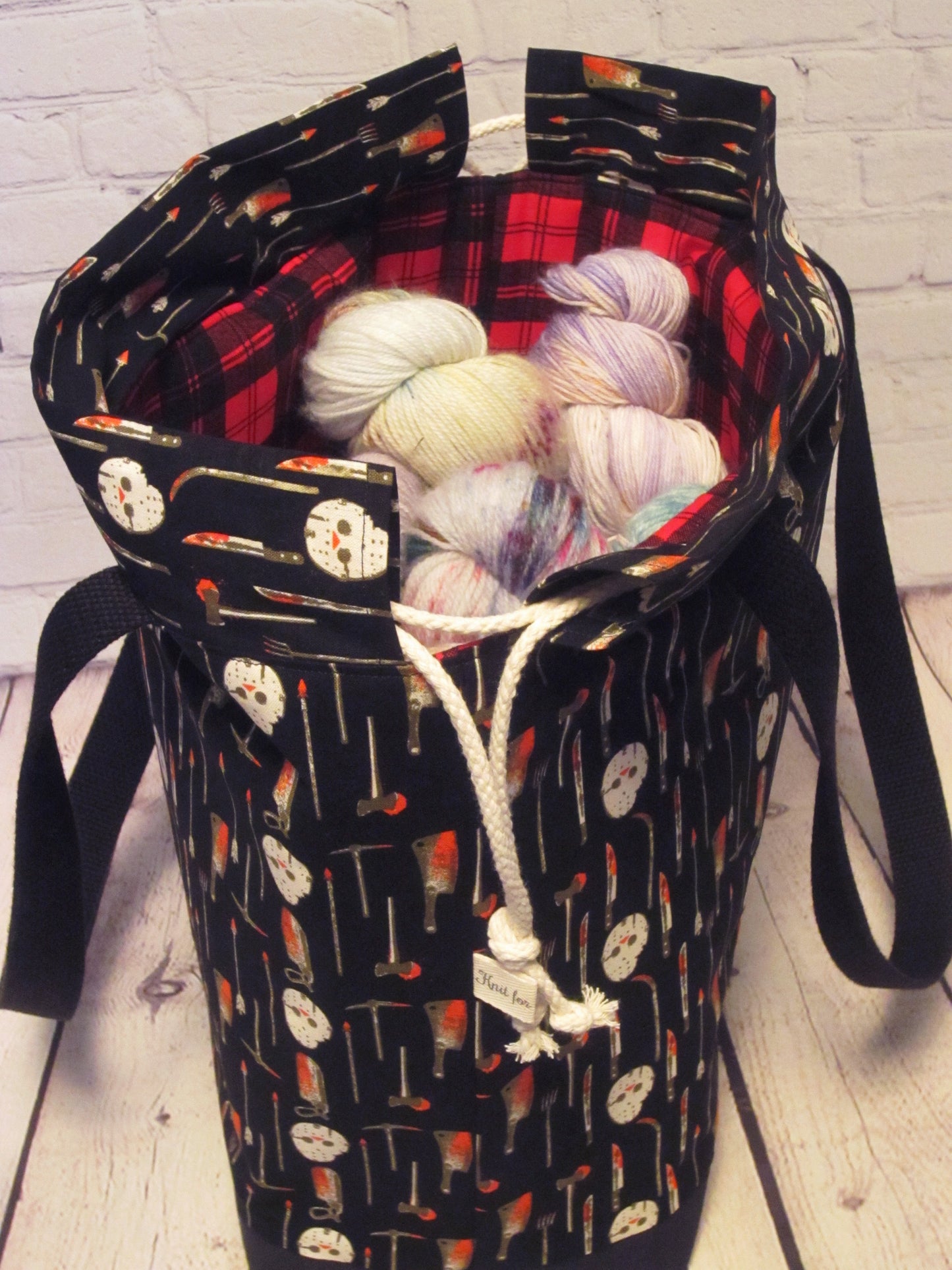 Friday the Thirteenth Cotton Tote Bag. Large Knitting or Crochet Drawstring Project Bag.