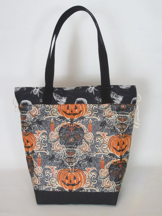 Large Knitting or Crochet Drawstring Project Bag. Vintage Pumpkins and Skulls Halloween Cotton Tote Bag.