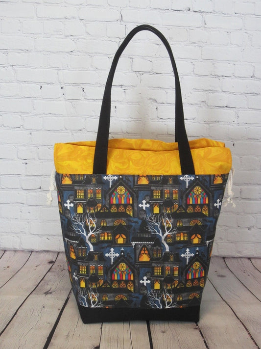 Large Knitting Drawstring Project Bag. Spooky Gothic Mansion Cotton Tote Bag.