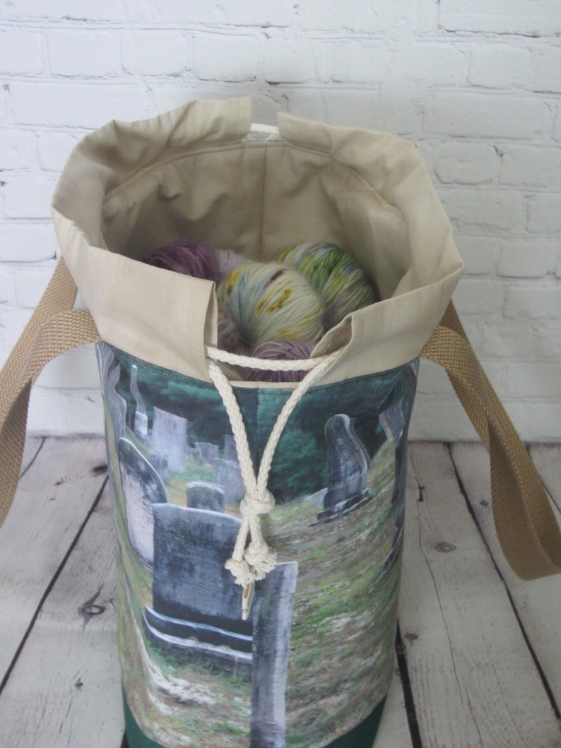 Cemetery Tote Bag with Pockets. Large Knitting or Crocheting Project Bag.